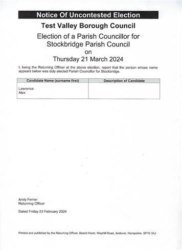  - Stockbridge PC By-election - Uncontested